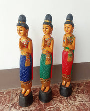 Load image into Gallery viewer, Woodcarved statue, 30"Thai sawasdee statue, Wooden doll, Wood carving, Nang-Wai wood statue, free shipping to ASIA
