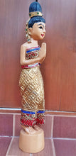 Load image into Gallery viewer, Woodcarved statue, 30"Thai sawasdee statue, Wooden doll, Wood carving, Nang-Wai wood statue, free shipping to ASIA
