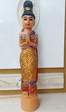 Load image into Gallery viewer, Woodcarved statue, 30"Thai sawasdee statue, Wooden doll, Wood carving, Nang-Wai wood statue, free shipping to ASIA
