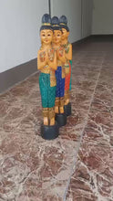 Load and play video in Gallery viewer, Woodcarved statue, 30&quot;Thai sawasdee statue, Wooden doll, Wood carving, Nang-Wai wood statue
