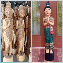 Load image into Gallery viewer, Woodcarved statue, 30"Thai sawasdee statue, Wooden doll, Wood carving, Nang-Wai wood statue, free shipping to ASIA
