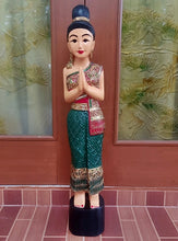 Load image into Gallery viewer, Woodcarved statue, 30"Thai sawasdee statue, Wooden doll, Wood carving, Nang-Wai wood statue, free shipping to ASIA
