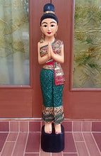 Load image into Gallery viewer, Woodcarved statue, 30"Thai sawasdee statue, Wooden doll, Wood carving, Nang-Wai wood statue, free shipping to ASIA
