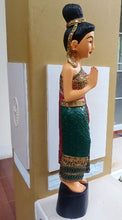 Load image into Gallery viewer, Woodcarved statue, 30"Thai sawasdee statue, Wooden doll, Wood carving, Nang-Wai wood statue, free shipping to ASIA

