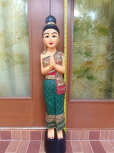 Load image into Gallery viewer, Woodcarved statue, 30"Thai sawasdee statue, Wooden doll, Wood carving, Nang-Wai wood statue, free shipping to ASIA

