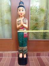 Load image into Gallery viewer, Woodcarved statue, 30"Thai sawasdee statue, Wooden doll, Wood carving, Nang-Wai wood statue, free shipping to ASIA
