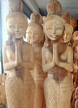 Load image into Gallery viewer, Woodcarved statue, 30"Thai sawasdee statue, Wooden doll, Wood carving, Nang-Wai wood statue, free shipping to ASIA
