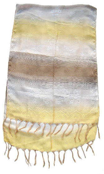 Cotton shawl in gold and brown with butterfly print design. Shawl is made from cotton and silk thread 